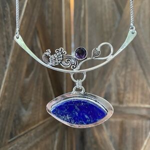 Handmade Real Lapis Lazuli & Amethyst Peacock 925 Sterling Silver Necklace